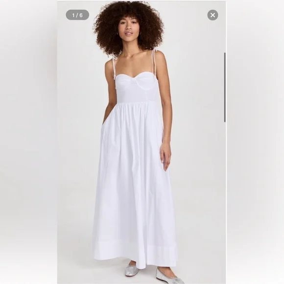 NWOT STAUD Landry Shoulder-Tie Smocked Cotton Maxi White Dress sz M - Picture 3 of 12